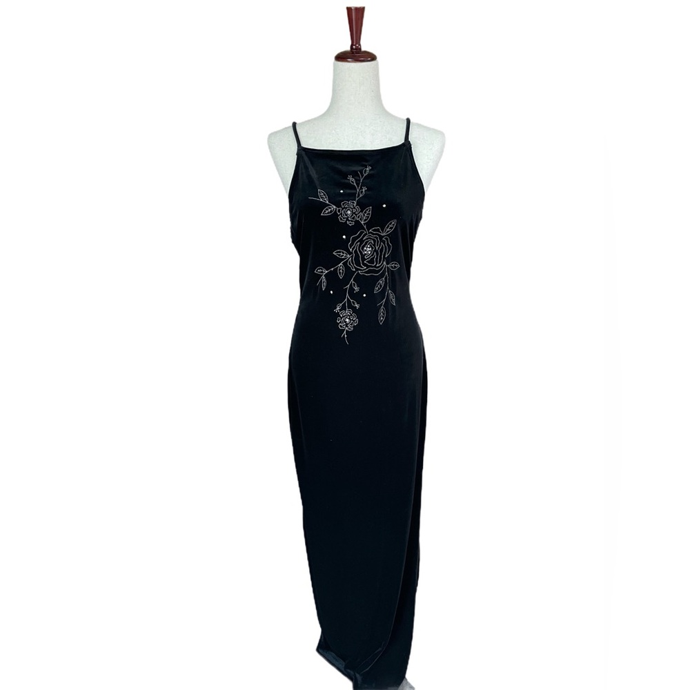 Vintage 90s 1990s Velvet Beaded Floral Dress Size Large Black Slit Prom Formal #